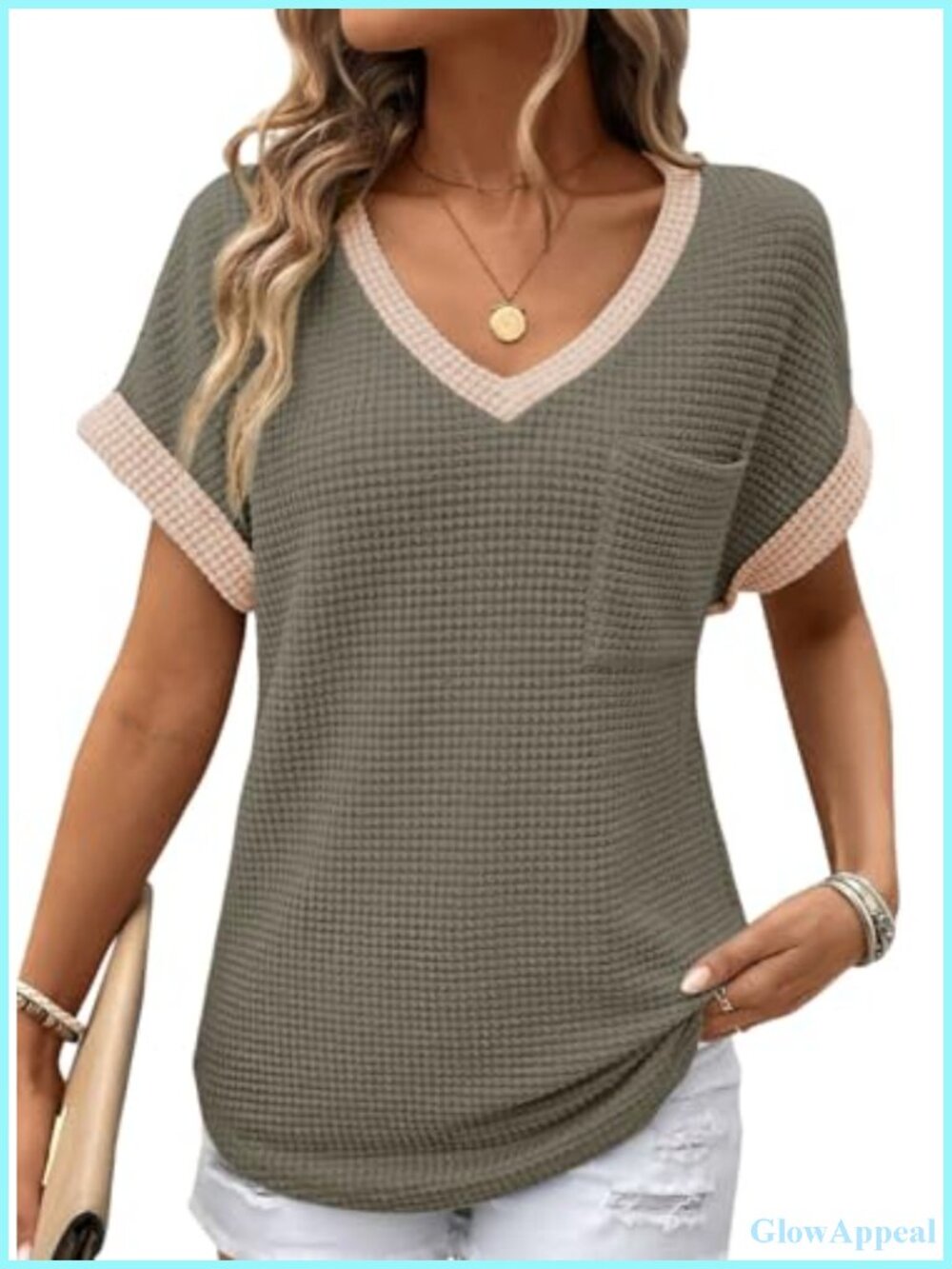 Waffle Knit Short Sleeve V-Neck Tunic Tee Loose Fit Pullover Top